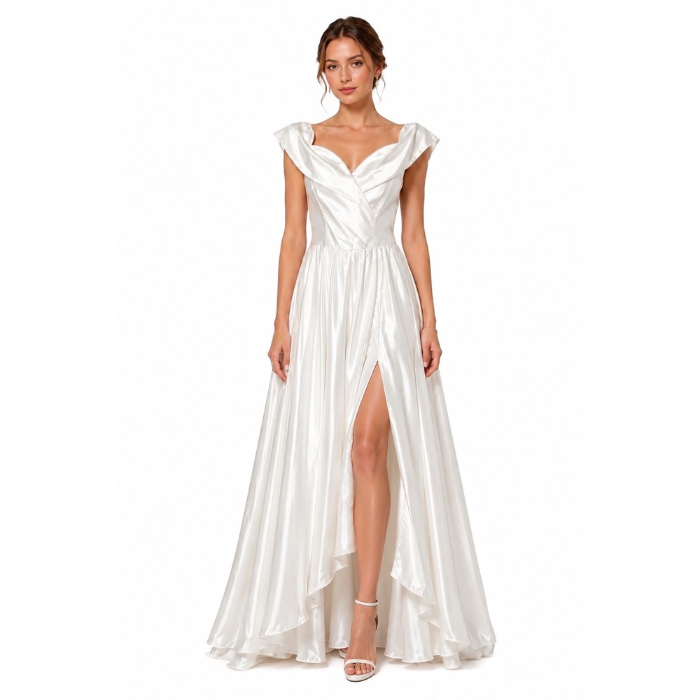 Juliet's Bridal Chanel White‎ Satin Corset Gown Off Shoulder High Slit Dress 28